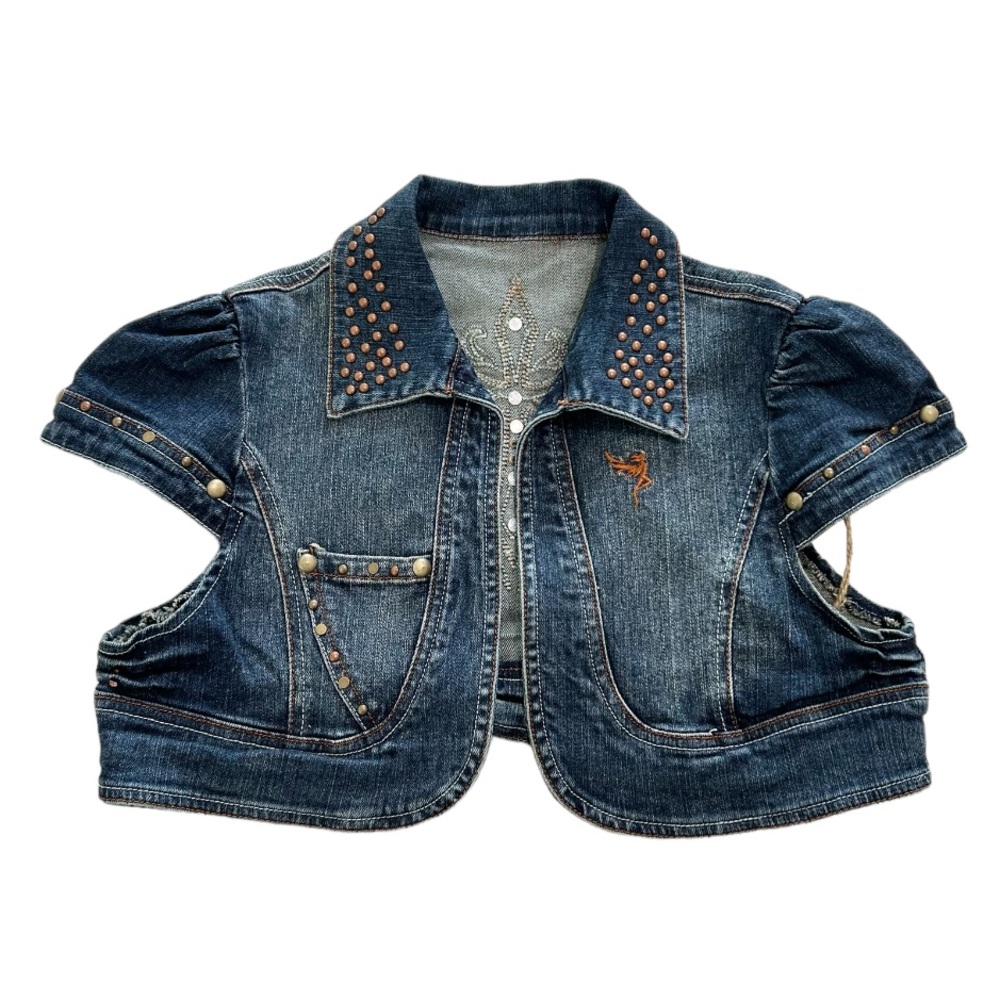 Dark Blue Denim Studded Cropped Jacket